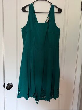 Mystic Teal Sleeveless A-Line Dress with Laser-Cut Hem